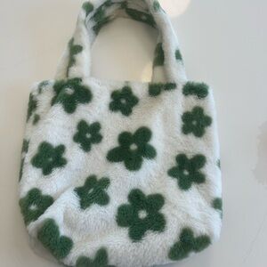Cute Floral Faux Fur Tote Bag - Green and White